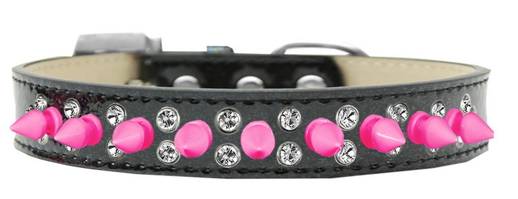 Double Crystal and Bright Pink Spikes Dog Collar Black Ice Cream Size 18